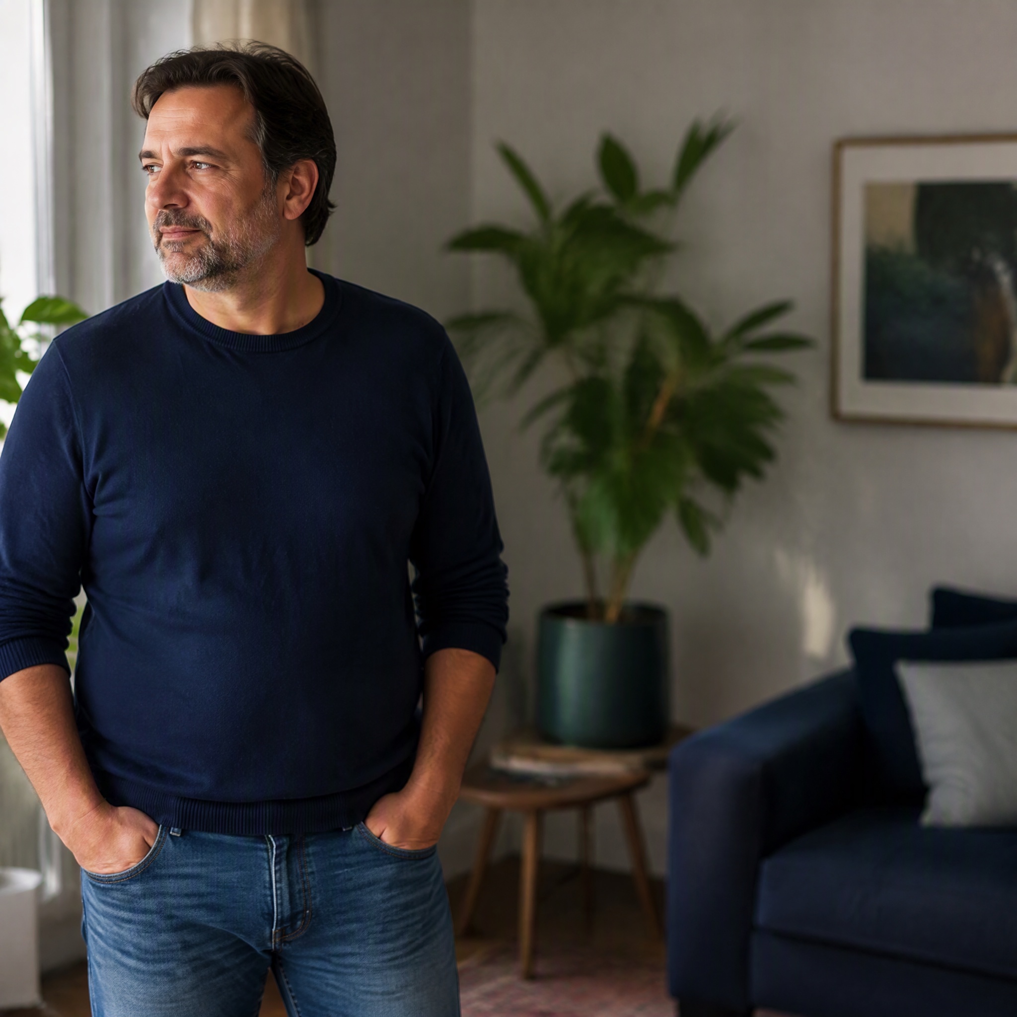 A relaxed everyday man considering a natural approach to improving his health