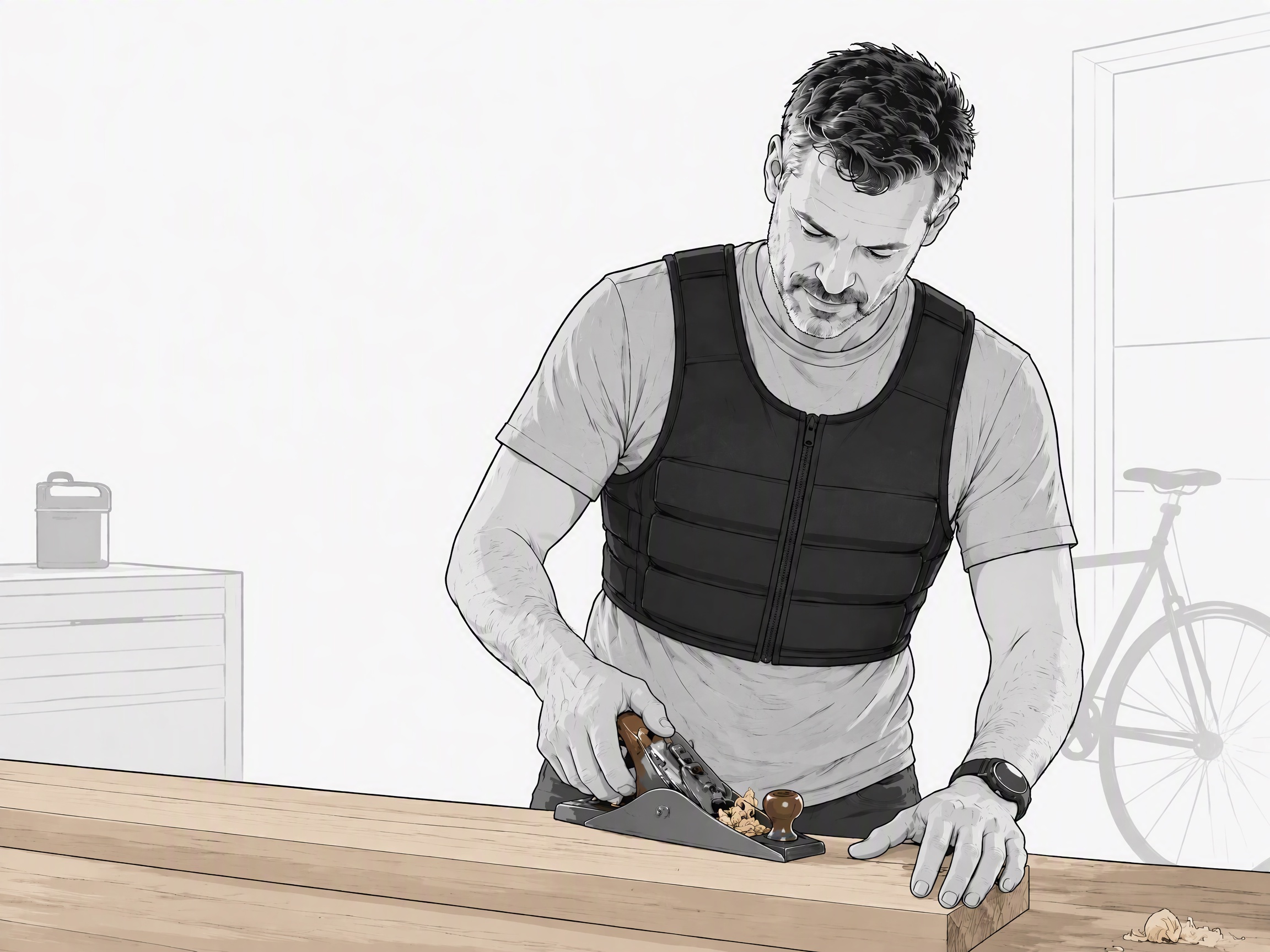 Editorial illustration of an everyday man wearing a slim Metsaw vest during a garage task
