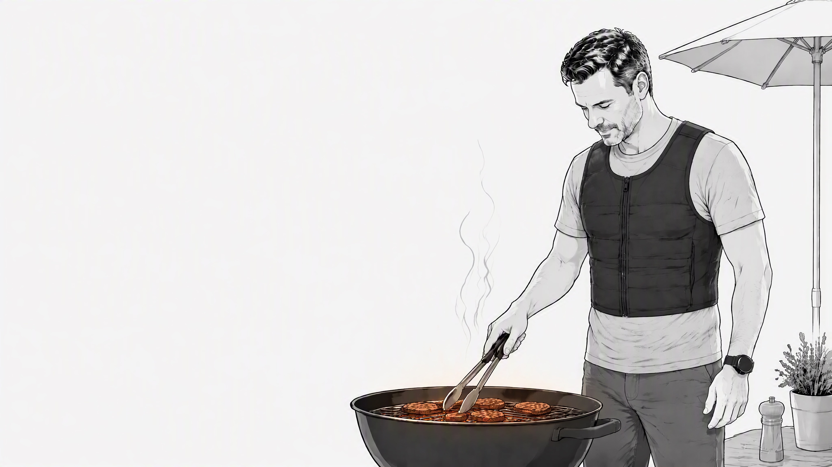 Editorial illustration of a man grilling while wearing a slim Metsaw vest