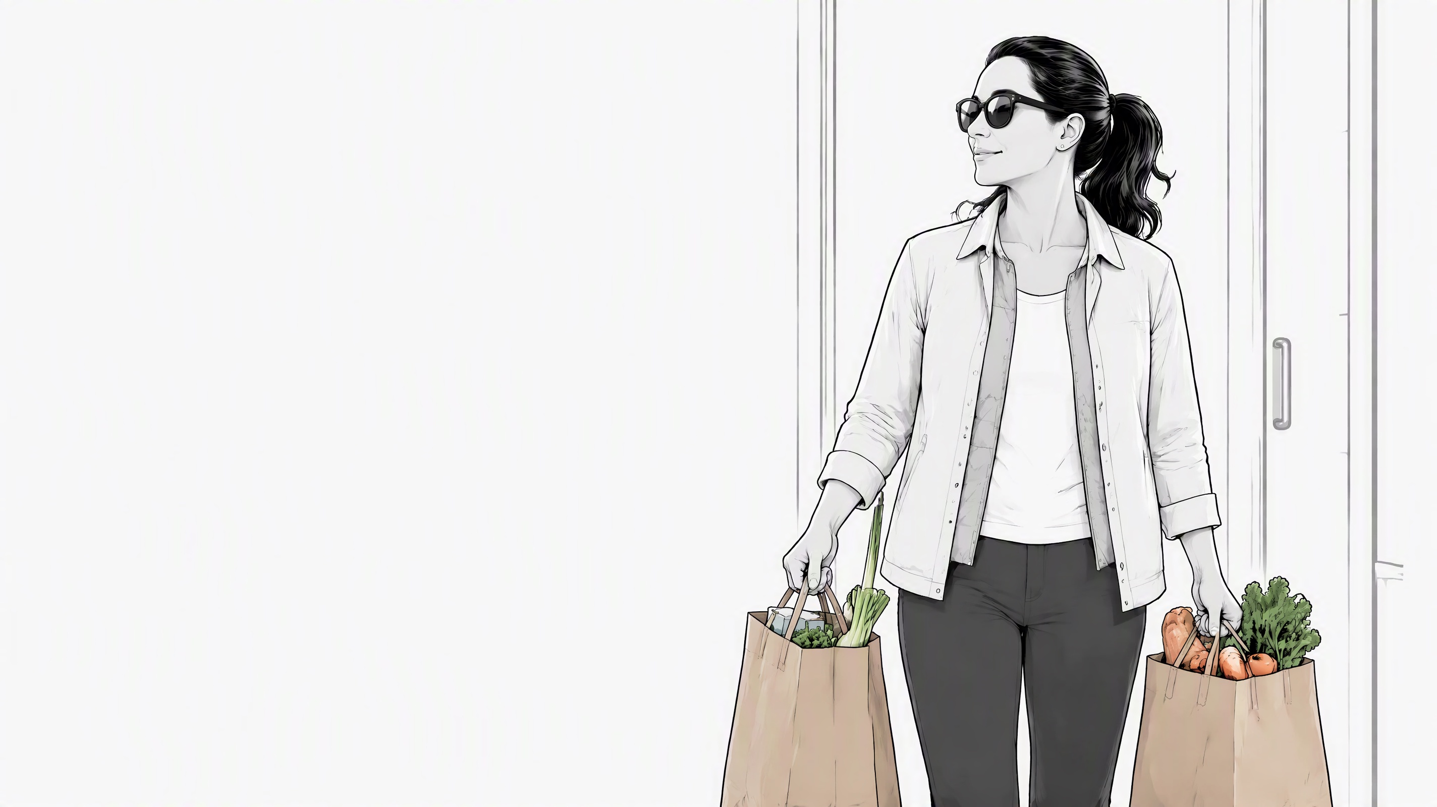 Editorial illustration of a woman arriving home with groceries